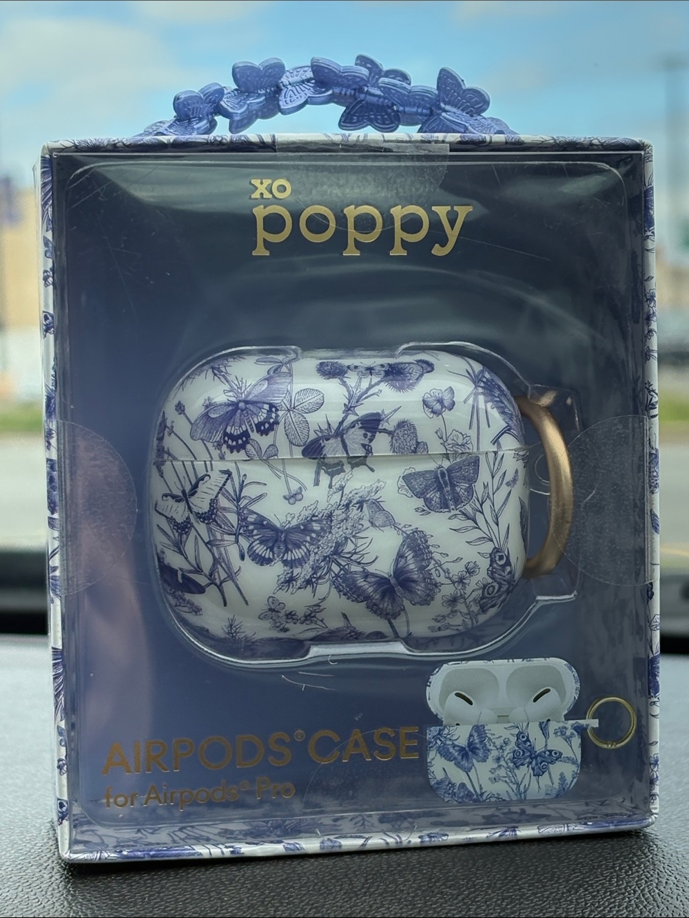 🦋 XO Poppy Floral Butterfly AirPods Pro Case Blue on White Gold Clip NWT